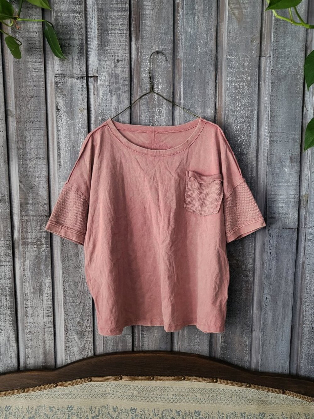 DUSTY ROSE COTTON WAFFLE KNIT POCKET TEE BOHO SHIRT